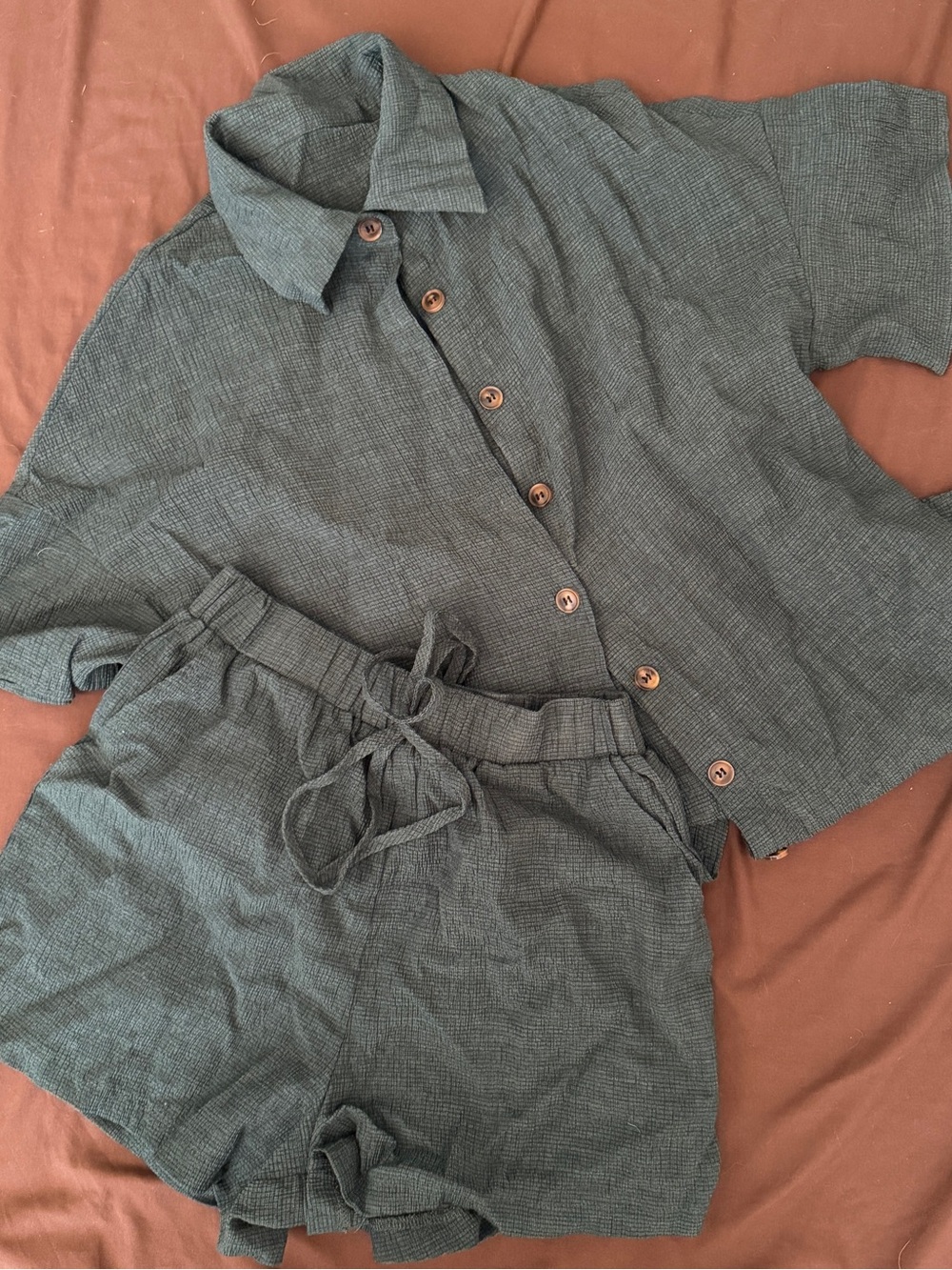 Olive Green Two-Piece Button Shirt & Drawstring Shorts Set